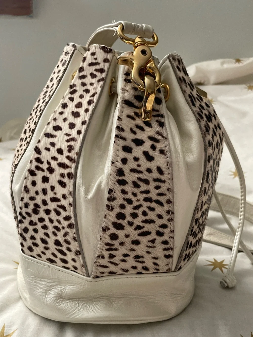 Vintage White & Leopard Pony Hair Leather Drawstring Bucket Bag